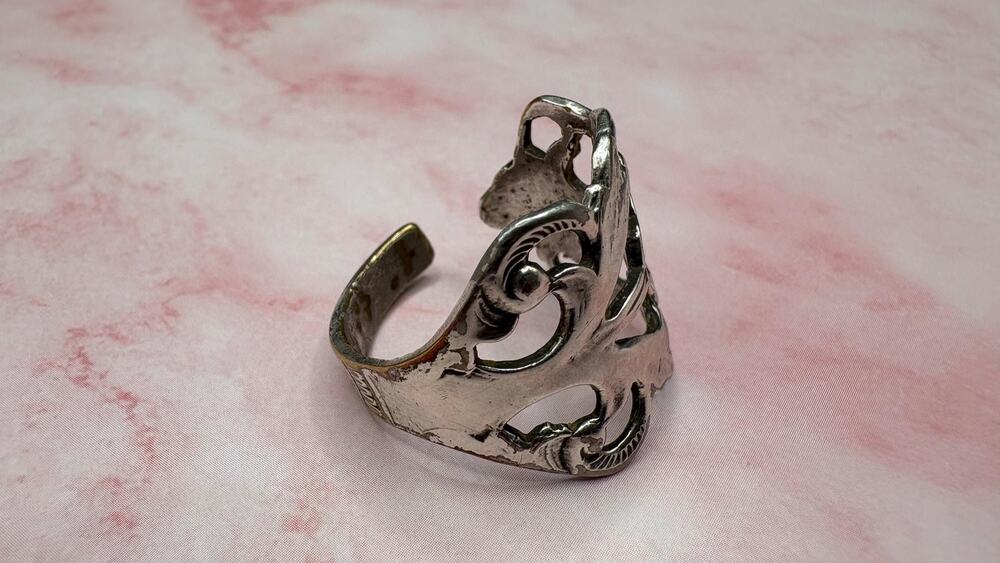 Vintage Floral Spoon Ring Adjustable Size 9 Silver Tone Art Nouveau Flower